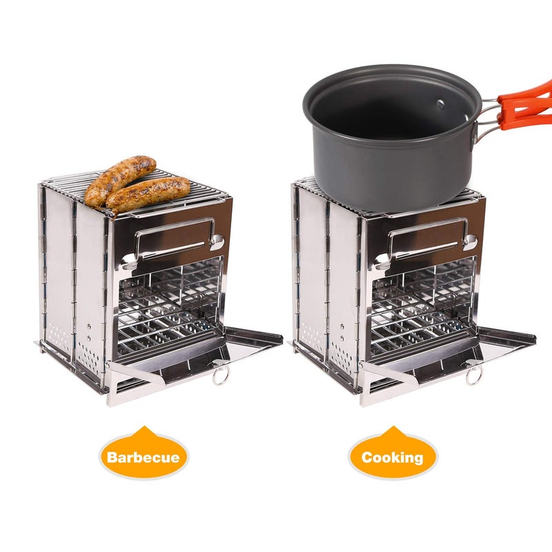 CAMPMAX Large Portable Folding Camping Wood Stove for Outdoor Cooking, Sturdy Lightweight 304 Stainless Steel Wood Burning Camp Stove with Grill for Backpacking BBQ Silver - Image 5